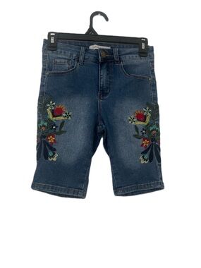 Embroidered Floral Denim Bermuda Shorts - Blue